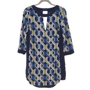 Trina Turk Navy and Gray Geometric Print Silk Mini Shift Dress Size 8